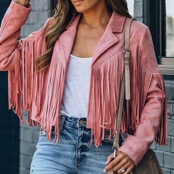 Jackets & Blazers - SOLD OUT Mauve Pink Faux Leather Suede Fringe Cropped Western Boho Moto Jacket